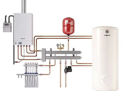 Household Electrical Appliances Including Gas Boiler Expansion Tank And Storage Water Heater With Piping System 3d model