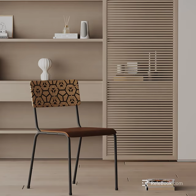 Modern Dining Chair Featuring Geometric Pattern Backrest Brown Seat And Bookshelf With Louvered Door Background 3d model 
