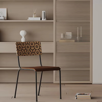Modern Dining Chair Featuring Geometric Pattern Backrest Brown Seat And Bookshelf With Louvered Door Background 3d model