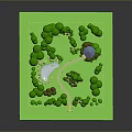 Lush Green Scenic Landscape With Trees Small Pond Yellow Fence And Pavilion