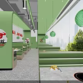 Modern Green Hotpot Restaurant Interior With Dining Seating Plant Decor And Food Bowls