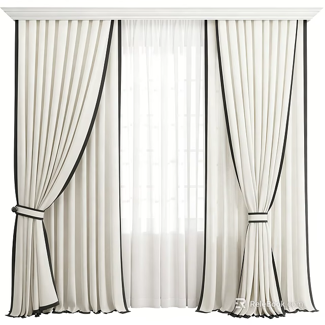Modern Elegant White Curtains With Black Trim Tiebacks And Sheer Layer 3d model 