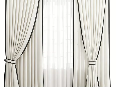 Modern Elegant White Curtains With Black Trim Tiebacks And Sheer Layer 3d model