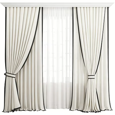 Modern Elegant White Curtains With Black Trim Tiebacks And Sheer Layer 3d model