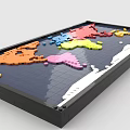 Colorful Building Blocks Forming World Map With Blue Grid Background And White Ocean Areas