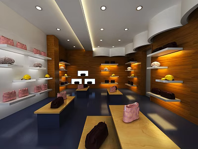 Stylish Handbag Boutique With Well Lit Shelves And Colorful Display Tables 3d model
