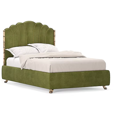 Green Velvet Double Bed With Shell Shaped Headboard Gold Frame And White Bedding 3d model