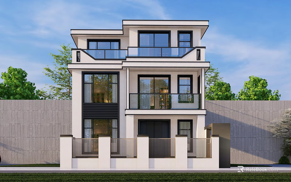 Modern Two Story Detached Villa With Large Glass Windows And Balcony 3d model 