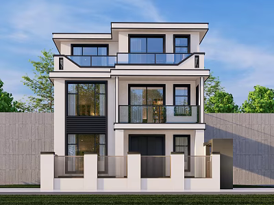 Modern Two Story Detached Villa With Large Glass Windows And Balcony 3d model