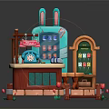 Cartoon Style Market Stall With Rabbit Shaped Cabinet Telephone Sign Striped Awning And Orange Steps