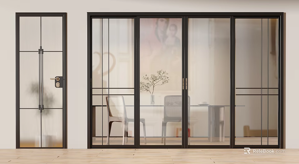 Modern Sliding Doors With Black Frame Glass Design In Living Dining Space 3d model 