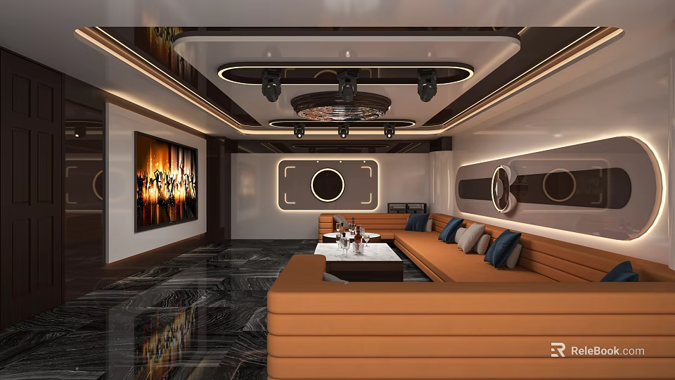 Luxurious KTV Interior Design With Brown Sofa Circular Decorations And Lighting 3d model