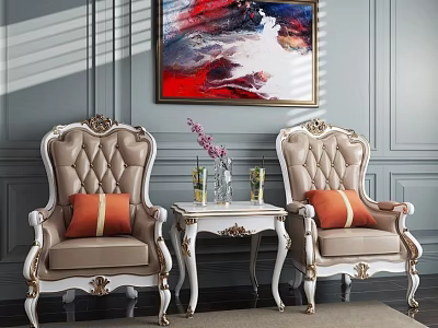 Modern Leisure Sofa Set With Tufted Chairs Orange Pillows Side Table And Wall Art 3d model