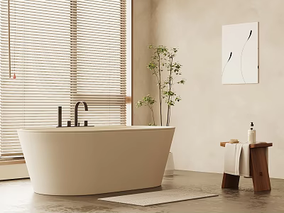 Minimalist Bathroom Interior With Freestanding Bathtub Window Blinds Indoor Plant Wall Art And Wooden Stool 3d model