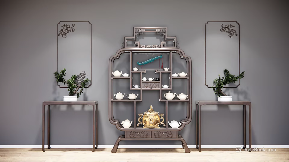 Traditional Chinese Antique Display Shelf With Teacups Teapots Golden Ornament Side Tables And Green Plants 3d model 