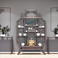 Traditional Chinese Antique Display Shelf With Teacups Teapots Golden Ornament Side Tables And Green Plants