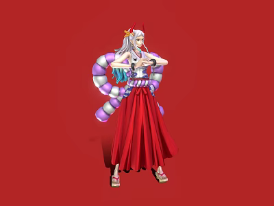 Game Movie Character With Silver Long Hair Red Traditional Dress And Ornamental Headpiece 3d model