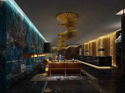 Luxury KTV Interior Design With Modern Golden Lighting Comfortable Sofa And Decorative Wall 3d model