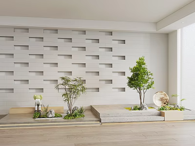 Indoor Bonsai Plants Arrangement On Stepped Platform With Modern Perforated Wall And Wooden Flooring 3d model