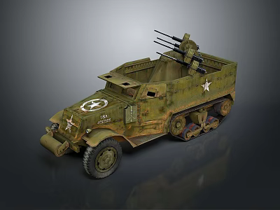 Green Military Tank with Tracked Wheels Multiple Machine Guns and White Star Insignia 3d model
