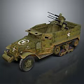 Green Military Tank with Tracked Wheels Multiple Machine Guns and White Star Insignia