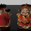 Chinese God of Wealth Statues Red Gold Decorative Front Back Views with Gold Ingot Ruyi