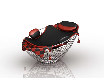 Stylish Red And Black Checkered Leisure Chair With Metal Frame And Round Cushion Details 3d model