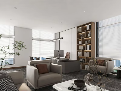 Contemporary Office Space With Comfortable Seating Bookshelves And Large Windows 3d model