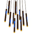 Modern Slim Tube Shaped Chandelier with Blue and White Lighting Effects Hanging in Black Background