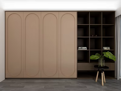 Beige Wardrobe With Curved Doors And Open Shelving With Books Green Plant And Small Stool 3d model