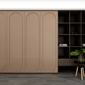 Beige Wardrobe With Curved Doors And Open Shelving With Books Green Plant And Small Stool