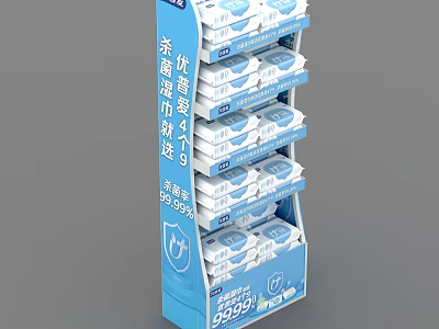 Organized Display Shelf With Multiple Stacked Disinfectant Wipes Packages For Retail Sale 3d model
