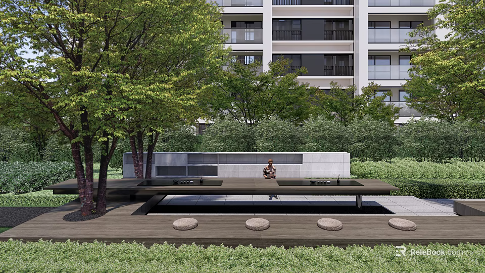 Modern Residential Building Landscape With Lush Greenery Outdoor Seating Bench And Circular Stone Stools 3d model 