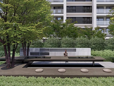 Modern Residential Building Landscape With Lush Greenery Outdoor Seating Bench And Circular Stone Stools 3d model
