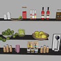 Modern Kitchen Shelves Featuring Household Appliances Fresh Fruits Mugs Jars And Kettle