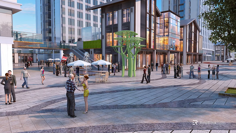 Modern Commercial Street With Glass Facade Buildings Pedestrian Plaza Outdoor Seating And Green Sculptures 3d model 