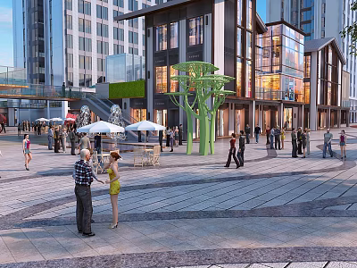 Modern Commercial Street With Glass Facade Buildings Pedestrian Plaza Outdoor Seating And Green Sculptures 3d model