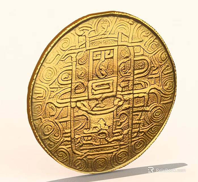 Intricate Gold Circular Coin With Ornate Carved Patterns And Designs 3d model 