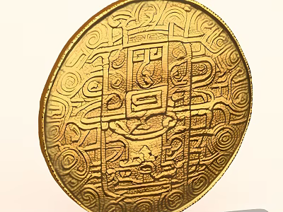 Intricate Gold Circular Coin With Ornate Carved Patterns And Designs 3d model