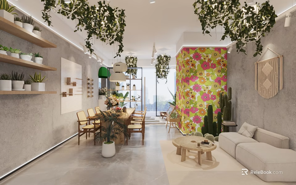 Bohemian Style Store Interior With Hanging Green Plants Floral Wall And Cactus Decor 3d model 
