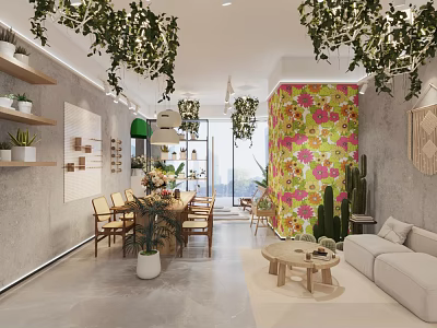 Bohemian Style Store Interior With Hanging Green Plants Floral Wall And Cactus Decor 3d model