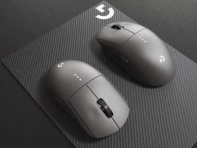 Two Gray Wireless Computer Mice on Textured Mouse Pad with White Logo 3d model