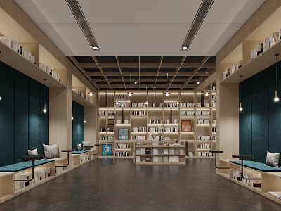 Book Art Inspired Reading Space With Wooden Bookshelves Numerous Books Blue Seats And Hanging Lights 3d model