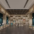 Book Art Inspired Reading Space With Wooden Bookshelves Numerous Books Blue Seats And Hanging Lights