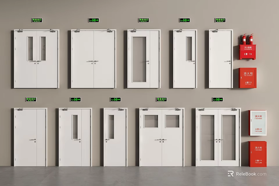 Double Doors Display With Various Door Types Green Exit Signs And Red Fire Cabinets 3d model 