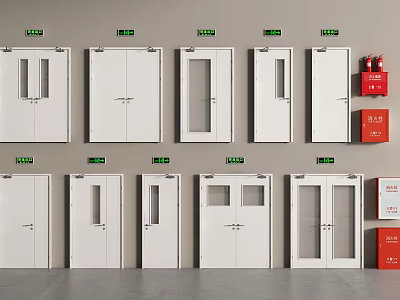 Double Doors Display With Various Door Types Green Exit Signs And Red Fire Cabinets 3d model