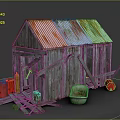 Weathered Wooden Hut with Rusty Metal Roof Surrounded by Tools Wheelbarrow and Wooden Planks