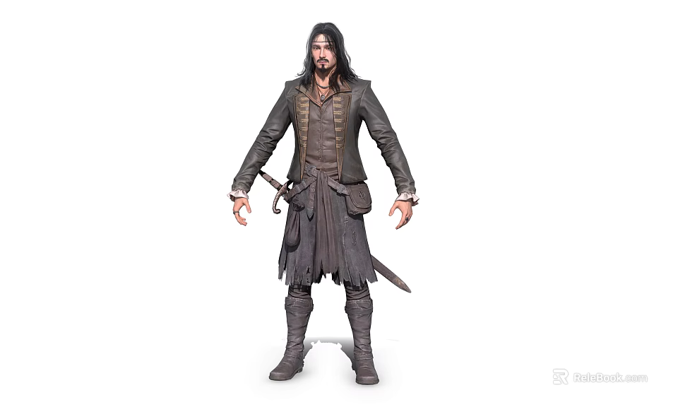 Long Haired Bearded Male Game Character In Dark Coat And Leather Boots With Sword 3d model