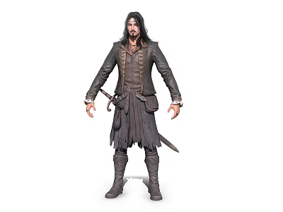 Long Haired Bearded Male Game Character In Dark Coat And Leather Boots With Sword 3d model