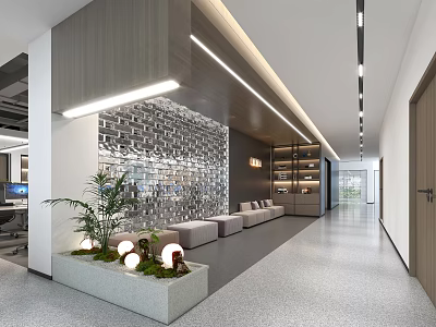 Modern Open Public Office Space Interior With Metal Wall Lounge Area And Recessed Lighting 3d model